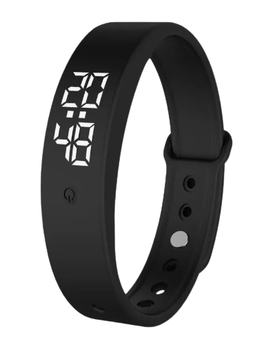 Smartwatch preto com visor digital.